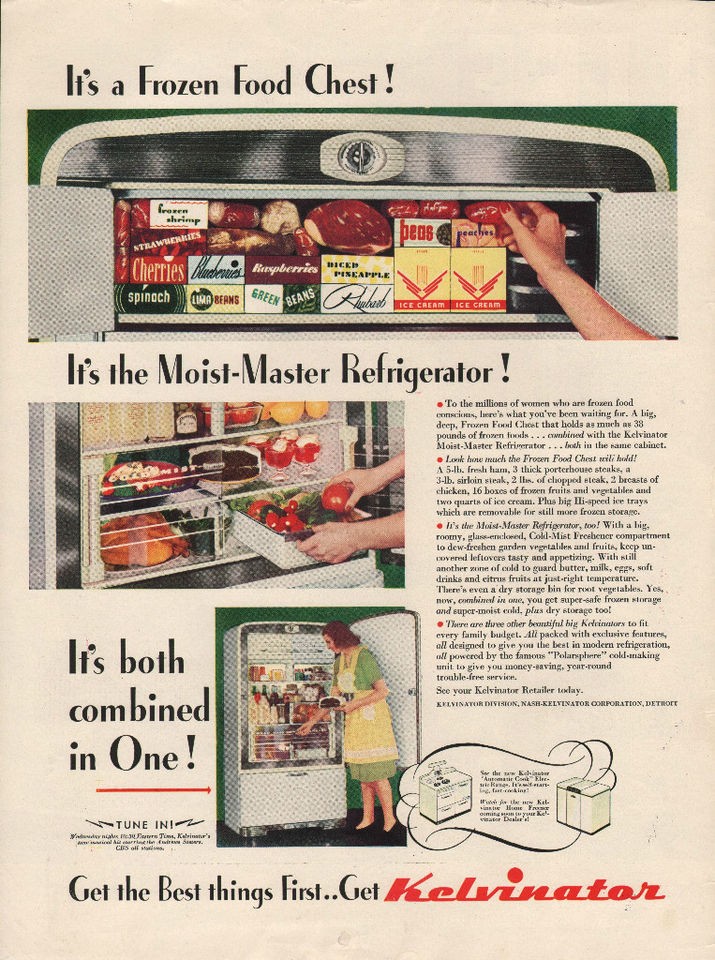 1945 VINTAGE KELVINATOR KITCHEN REFRIGERATOR FOOD CHEST PRINT AD