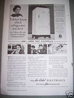 1935 Antique Servel Electrolux Gas Refrigerator Ad