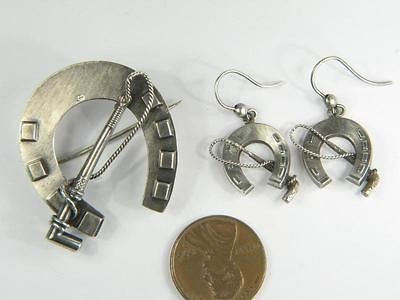   ENGLISH SILVER HORSESHOE & RIDING CROP PIN / BROOCH & EARRINGS c1887