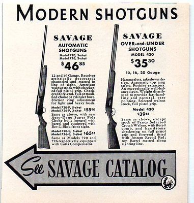 1940 Vintage Ad Savage Automatic & Over Under Shotguns