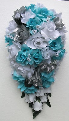   Bouquet Wedding Flower Package Bride Centerpiece Pew AQUA SILVER