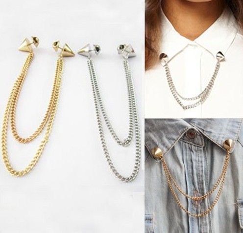 Fashion Style Spike Stud Rivet Shirt Collar Neck Tip Brooch Pin Chain 