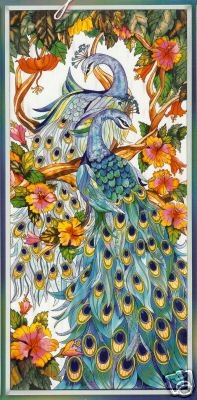 SPECTACULAR *2 PEACOCK * STAINED GLASS WINDOW PANEL