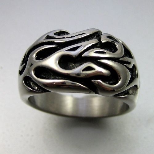 Biker Black Silver Stainless Steel Flame Mens Ring