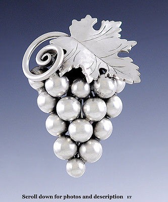 GEORG JENSEN GRAPE LEAF & CLUSTER STERLING SILVER BROOCH / PIN # 137