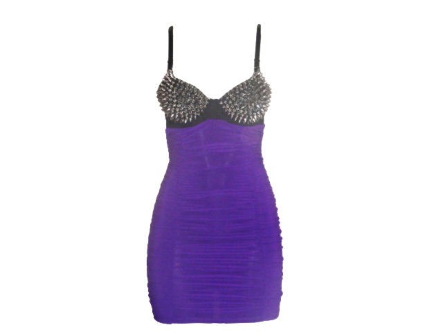 Ruched Purple Gun Metal Spike Studded Bra Mini Dress