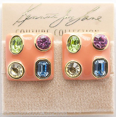   Lane Coral Enamel and Multicolored Crystals Square Clip on Earrings