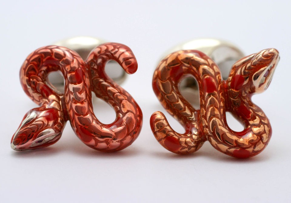   Francis Sterling Silver & Enameled Orange Snake Ruby Eyes Cufflinks