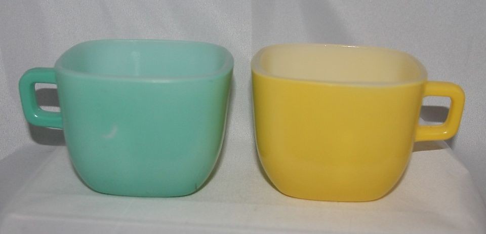 Vintage Lipton GLASBAKE Cups MUGS Aqua green & yellow Square