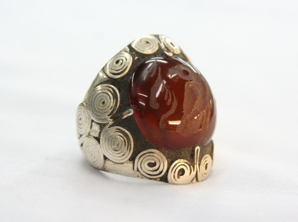 OLD TURKOMAN .925 STERLING SILVER RING   SIZE 8.25 RED CARNELIAN BIRD 