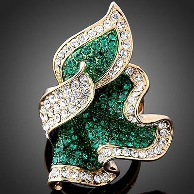 ARINNA Green Feather shape Swarovski Crystal 18k gold GP cocktail 