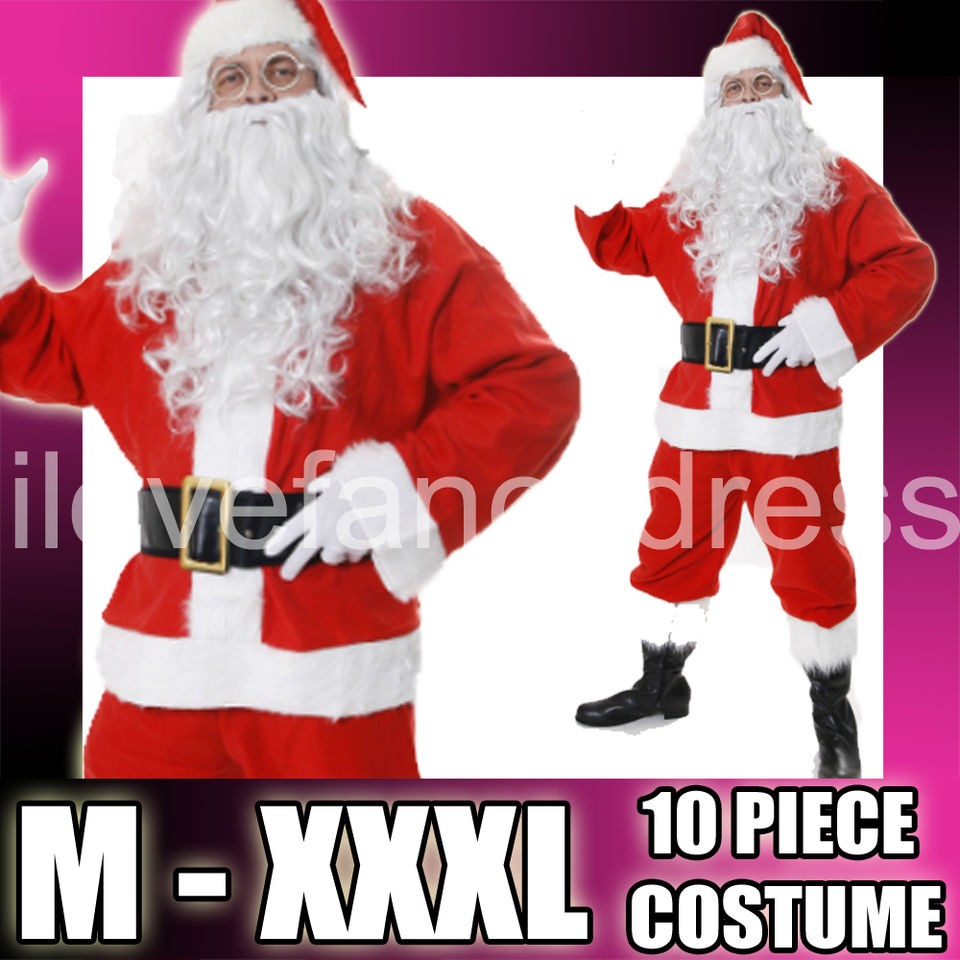 DELUXE SANTA COSTUME 10 PIECE PLUSH FATHER CHRISTMAS FANCY DRESS XMAS 