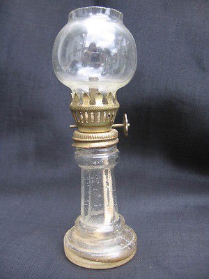 vtg miniature mini oil lamp w/ globe brass burner glass clear pillar 