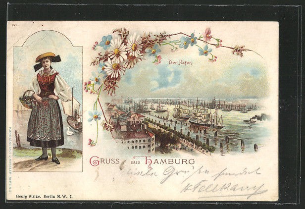 vint. Lithographie Hamburg, Harbor, Woman in Traditional costume 1898