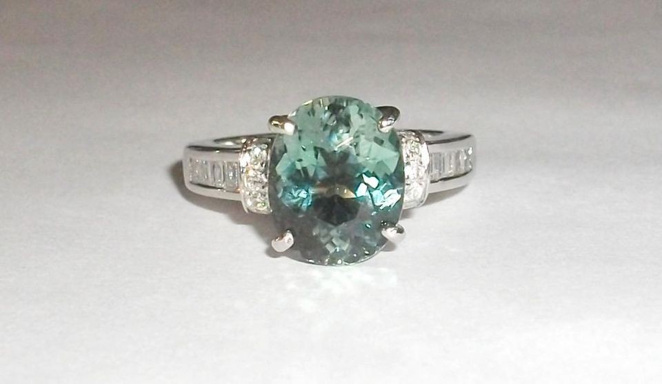   Pool Water Blue Tourmaline & Baguette Diamond 14K White Gold Ring