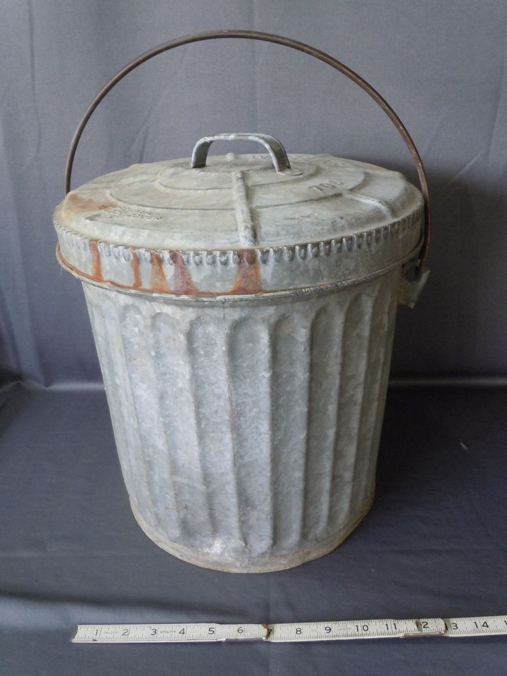   Early Galvanized Metal WHEELING Trash Can #706 15 Tall w Lid & Lock