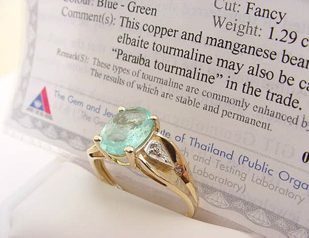 NATURAL PARAIBA TOURMALINE w/ CERTIFICATE & DIAMONDS 14K GOLD RING