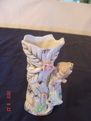   FLOWER VASE GIRL ALONG SIDE WHITE GOLD PAINTED TRIM PINK FLOWE