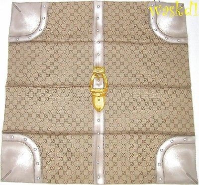 GUCCI beige GG white LUGGAGE print Medium silk Twill scarf NWT 