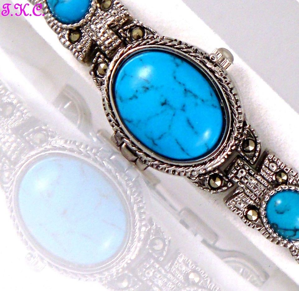   DECO HOWLITE,SPIDER TURQUOISE, MARCASITE STATEMENT BRACELET WATCH