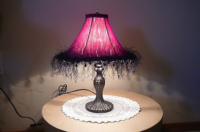 Victorian type lamp/ burgandy shade with black eyelash trim and 