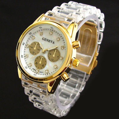 CLEAR GOLD GENEVA Designer Style Womens Acrylic Band WATCH