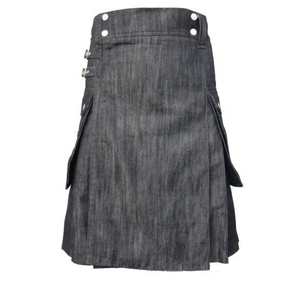 Heavy Weight Grey/Black Denim Cotton Utility Kilt For The Active Man 