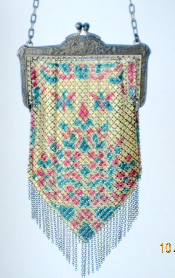 VINT. MANDALIAN FLAPPER PURSE ENAMEL MESH W/ BUTTERFLYS