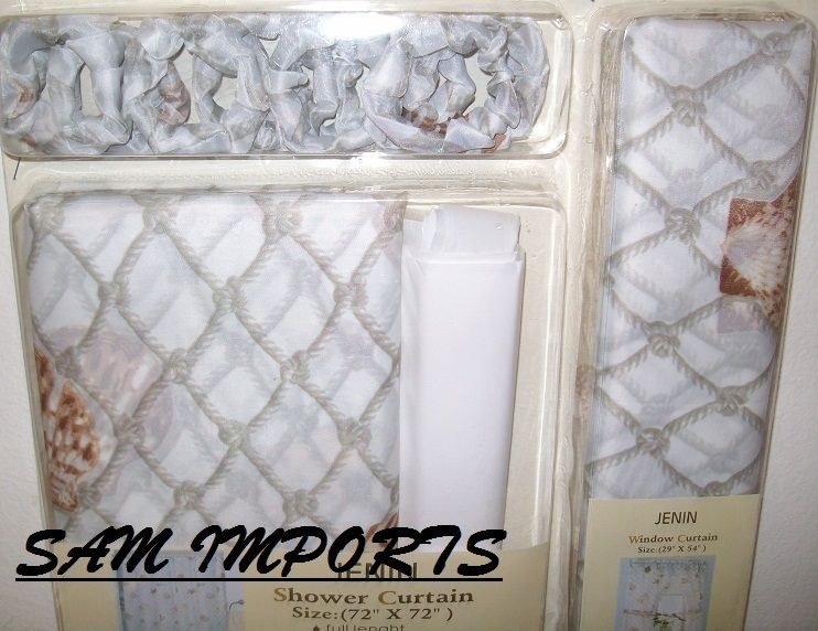   WITH NET SEA SHELL DESIGN 17 PC BATHROOM SHOWER WINDOW CURTAIN SET