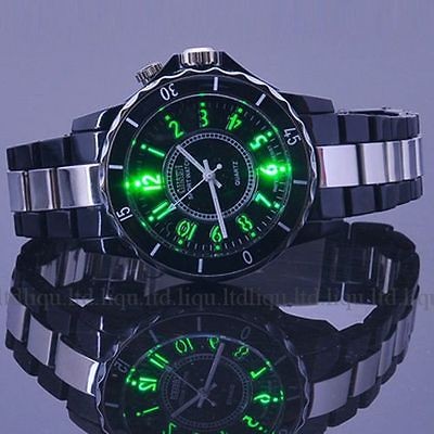   Black Dial band Mens led light Sport waterproof new quartz Wrist Watch