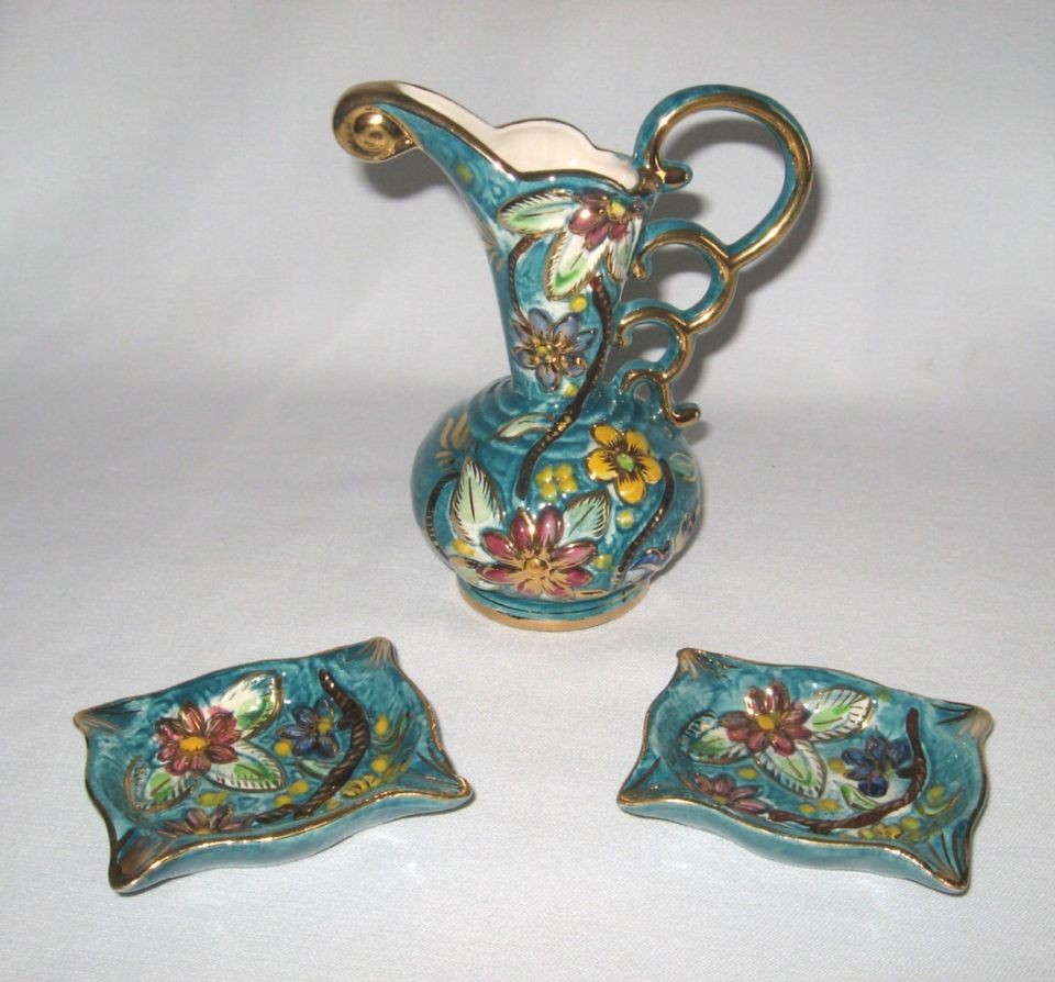 BEQUET QUAREGNON HANDPAINTED MAJOLICA GILT EWER WITH 2 MATCHING 