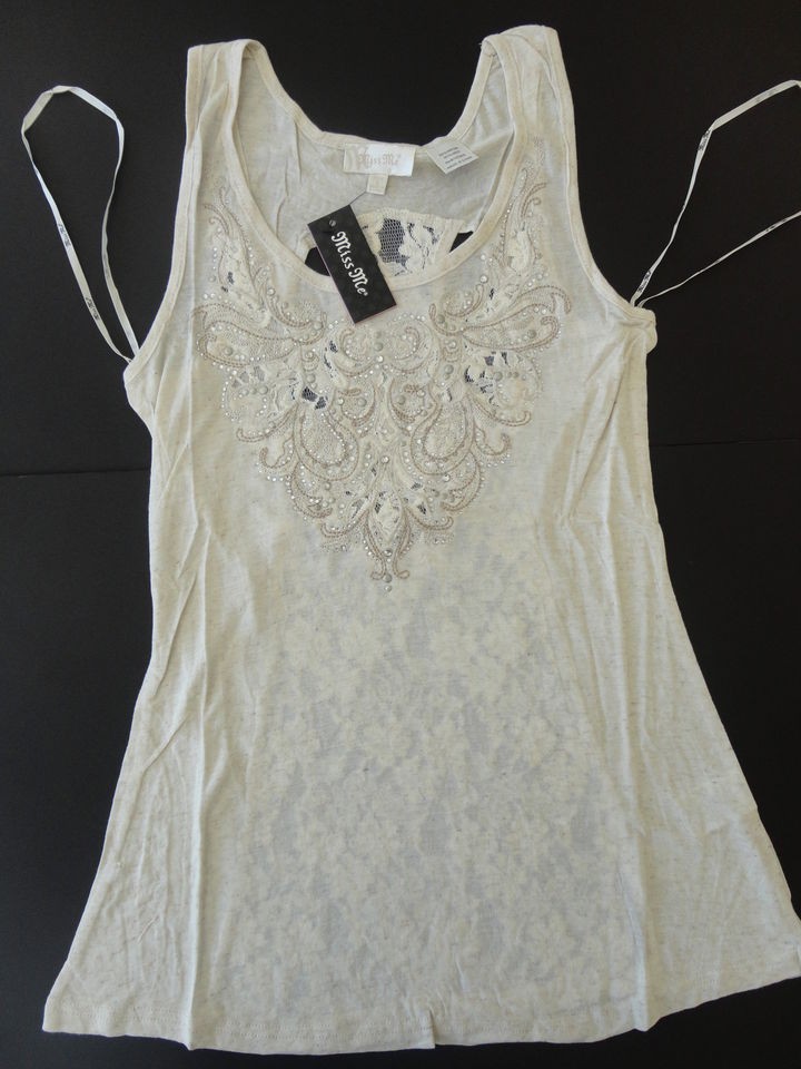 Miss Me Tank Top Studs Rhinestones Embroidery Jersey Lace Fleur de Lis 