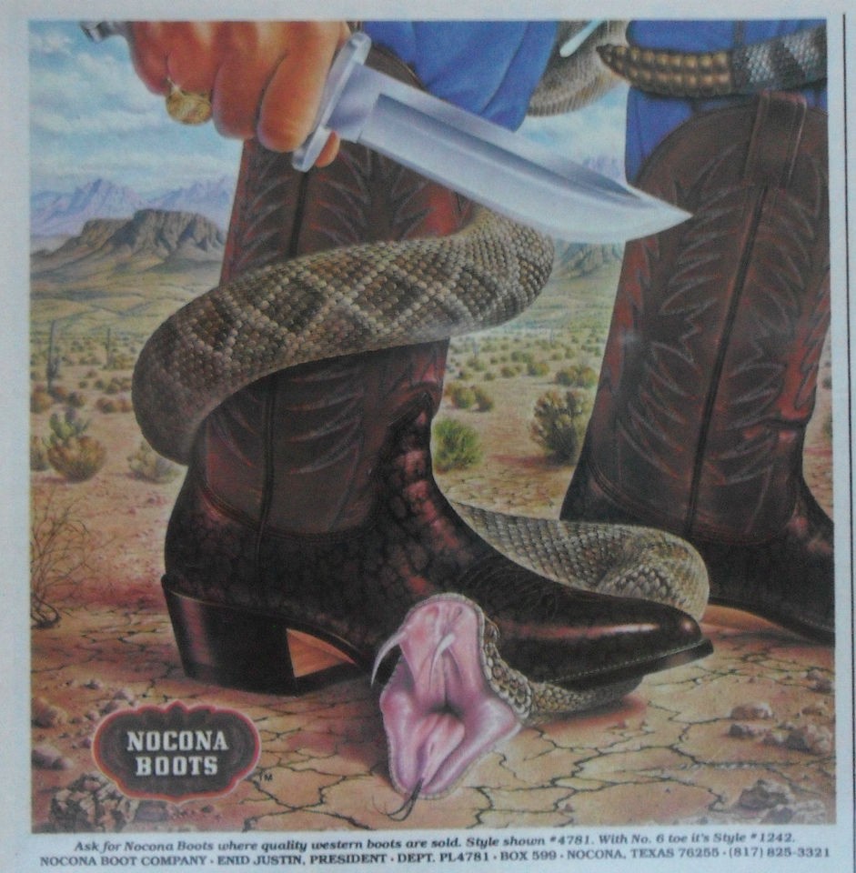 1979 Print Ad Nocona Cowboy Boots Rattlesnake Western ART