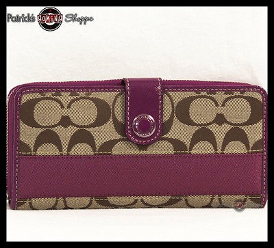 BNWT COACH SIGNATURE STRIPE ZIP AROUND WALLET 47718 KHAKI AND BERRY 