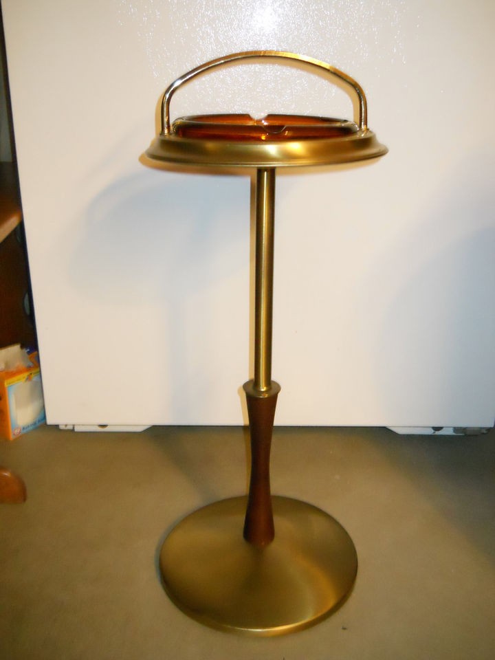 Vintage Ames Era Teak  Gold Toned Ashtray Floor Stand w/ Amber Glass 