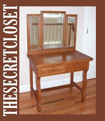 ANTIQUE 1890 OAK TRIPLE MIRROR DRESSING TABLE VANITY Empire Mission 