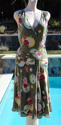 CACHAREL 100% Silk Sleeveless Floral Vintage Style Dress B36