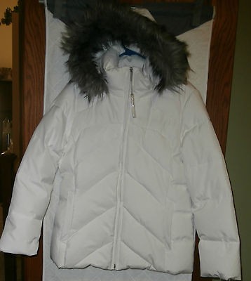 New ~ Calvin Klein Womens Sz L Down & Feather Winter Coat w/Hood White 