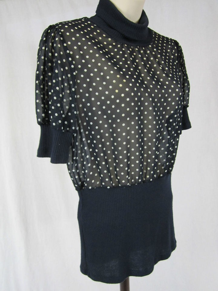 Charlotte Russe Navy Blue Polka Dot Sheer Blouse Top L Large