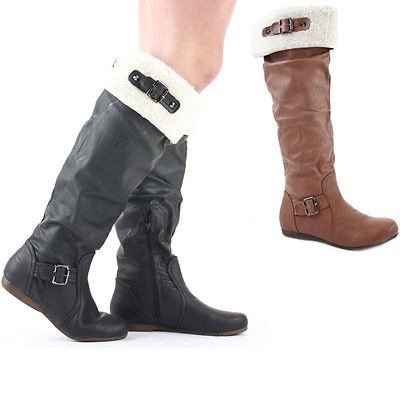 Ladies Flat Winter Biker Style Heel Knee High Boots Size