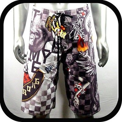 Minute Mirth Shorts Swim Board Tattoo Surf K3 Sz 32 Trunks Rock Indie 