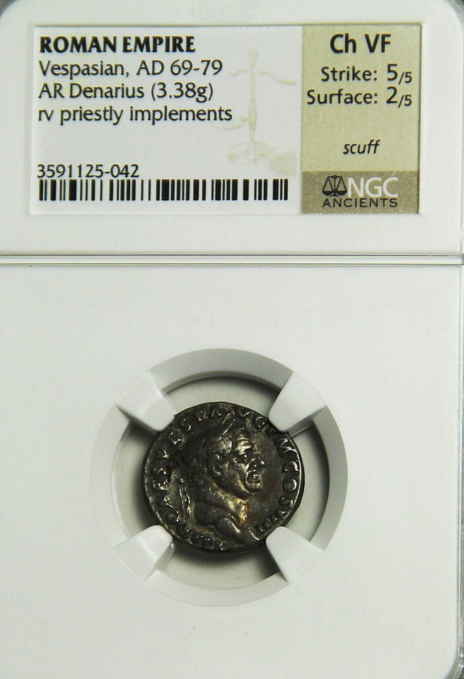 Vespasian as Augustus AR Denarius 69 79 AD NGC CH VF priestly 