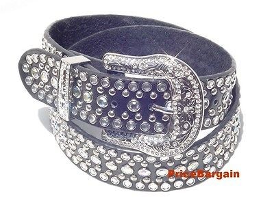 BLACK WOMENS LEATHER STUDDED AB RHINESTONE CRYSTAL BLING BELT M SM