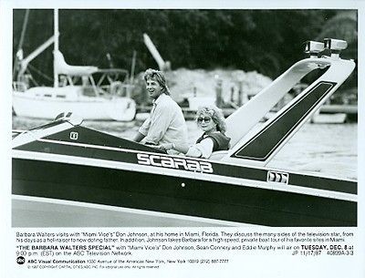 DON JOHNSON BARBARA WALTERS IN SCARAB SPEED BOAT ORIGINAL 1987 ABC TV 