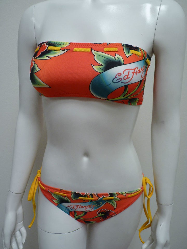 ED HARDY Bikini Swimsuit Bandeau Diamond Rose L