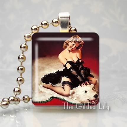 VINTAGE PINUP GIRL ON BEAR RUG Scrabble Tile Altered Art Pendant 