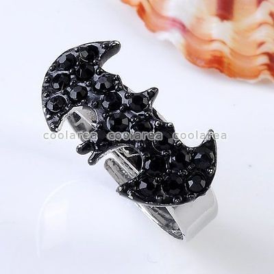   Black Crystal Pave Bat Batman Charm Silvery Finger Ring us7 Adjustable