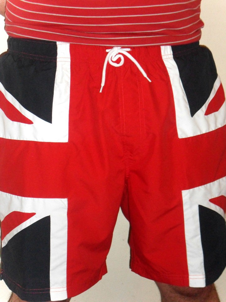 MENS BLUE WHITE RED UNION JACK OLYMPIC SWIM BEACH SHORTS SZ XXL W40/44