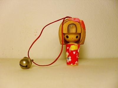 JAPANESE WOODEN DOLL WITH BELL, AS ORNAMENT OR 4 YOUR CAR