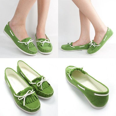 GREEN SUEDE WHITE FRINGE BOW TIE ROUND TOE OXFORD MOCCASIN BALLET FLAT 